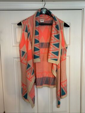 Sleeveless Open-Front Aztec Knit Vest - Coral, Teal & Beige